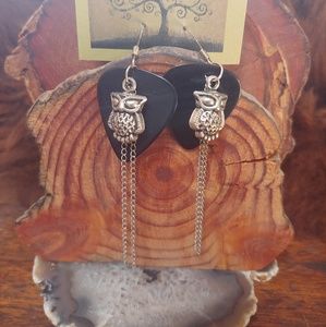 Black Guitar pick earrings with silver owl beads